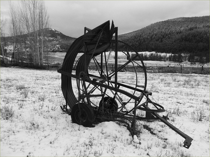 Reel used for irrigation hoses, Highway 3 near Greenwood